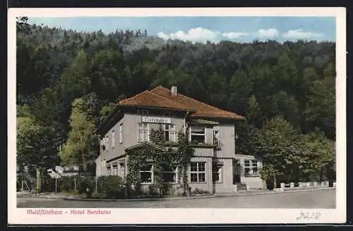 AK Ilfeld /Südharz, Hotel Netzkater mit Strassenpartie