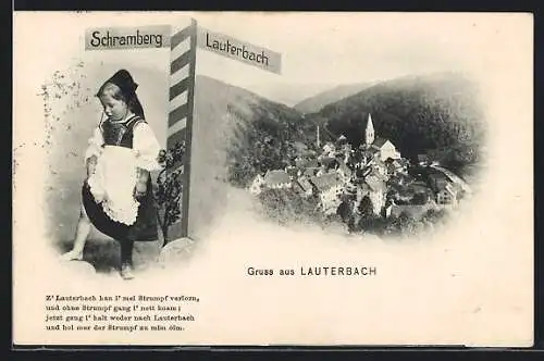 AK Lauterbach / Hessen, Mädchen am Wegkreuz und Blick auf Kirche