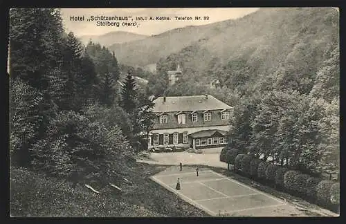 AK Stolberg /Harz, Hotel Schützenhaus mit Tennisplatz aus der Vogelschau