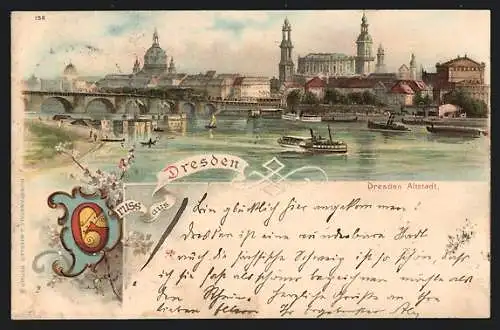 Lithographie Dresden, Panorama auf Altstadt