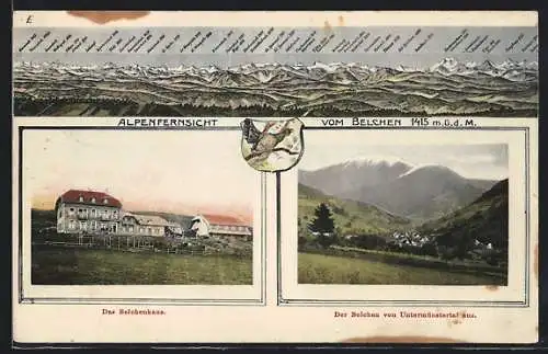 AK Untermünstertal /Schwarzwald, Alpenfernsicht vom Belchen, das Belchenhaus, der Belchen von Untermünstertal aus