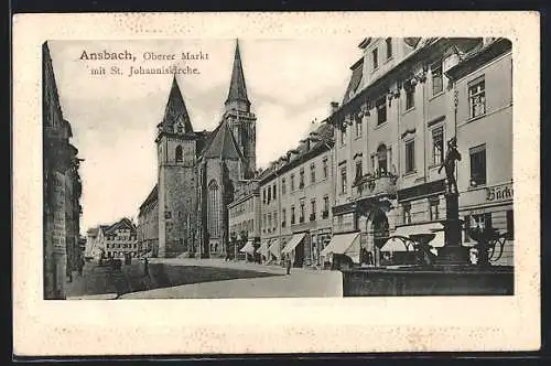 AK Ansbach, Oberer Markt mit Bäckerei und St. Johanniskirche