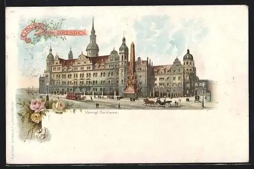 Künstler-AK Dresden, Königliches Schloss mit Denkmal und Pferdebahn