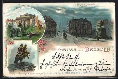 Lithographie Dresden-Neustadt, Neustädter Hauptwache, Hoftheater und Denkmal Kurfürst August d. Starken