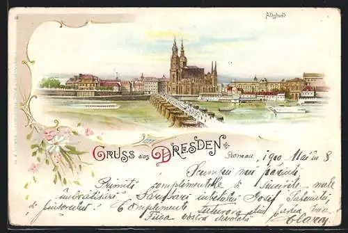 Künstler-AK Dresden, Altstadt mit Brücke