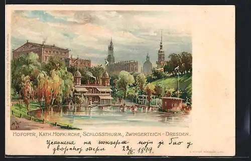 Lithographie Dresden, Katholische Hofkirche, Schlossturm und Zwingerteich