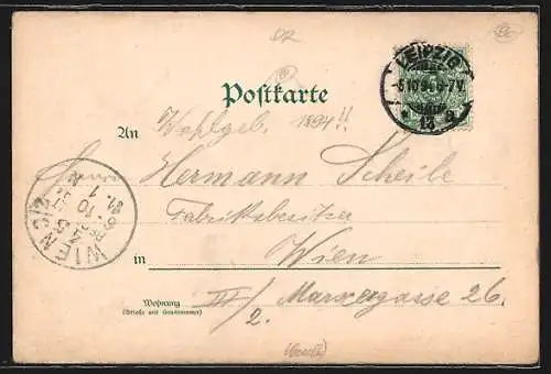 Vorläufer-Lithographie Leipzig, 1894, Reichsbank, Rathaus, Sieges-Denkmal