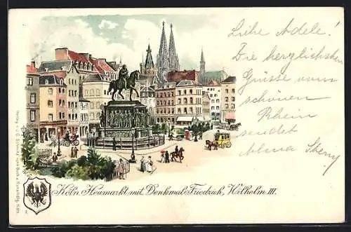 Lithographie Köln, Heumarkt mit Denkmal Friedrich Wilhelm III.