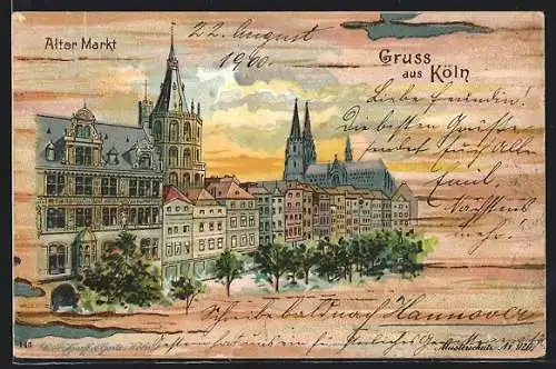 Lithographie Köln, Alter Markt mit Kirche