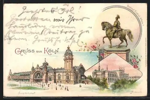 Lithographie Köln, Blick auf den Hauptbahnhof, Denkmal Friedrich Wilhelm IV., Museum