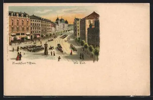 Lithographie Frankfurt /Main, Partie am Zeil, Strassenbahn