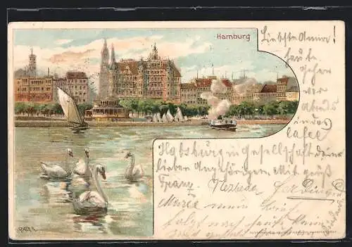 Lithographie Hamburg-Neustadt, Blick von der Binnenalster zum Jungfernstieg