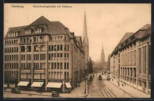 AK Hamburg, Mönckebergstrasse mit Geschäft, Rathaus und Strassenbahn