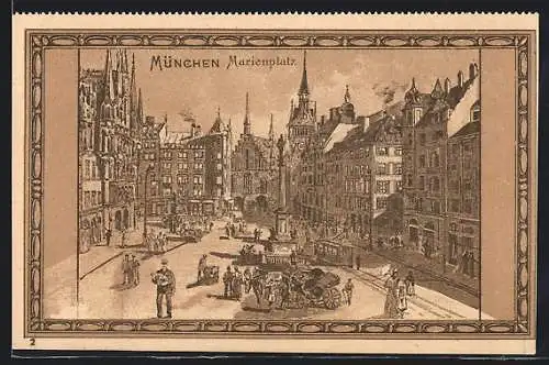 Lithographie München, Marienplatz mit Denkmal