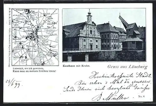 AK Lüneburg, Partie mit Kaufhaus und Krahn, Spruch, Ort mit Umland