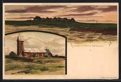 Künstler-Lithographie Carl Biese: Wyk auf Föhr-Boldixum, Hallige mit Kirche Boldinum