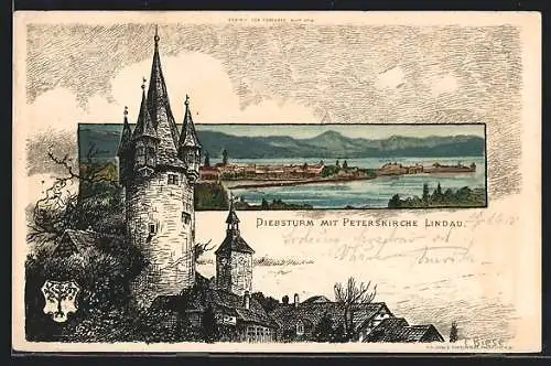 Künstler-AK Carl Biese: Diebsturm mit Peterskirche Lindau