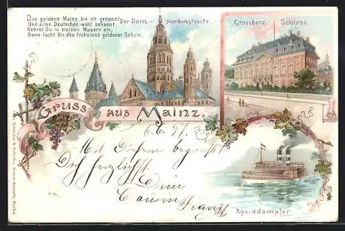 Lithographie Mainz, Dom-Nordwestseite, Grossherzogliches Schloss, Rheindampfer