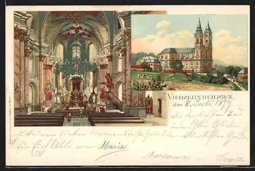 Lithographie Vierzehnheiligen /Bayern, Kirche und Innenansicht mit Altar