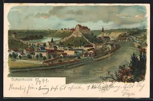 Lithographie Burghausen / Salzach, Ortsansicht mit Burg und Kirche