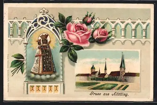 Lithographie Altötting, Ortspartie mit Kirchen, Heiligendarstellung, Präge-Passepartout mit Rosen