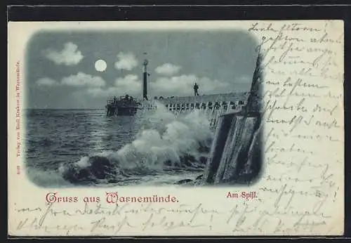 Mondschein-AK Warnemünde, Uferpartie am Spill