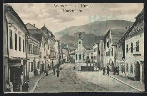 AK Weyer a. d. Enns, Marktplatz mit Kirche und Brunnen