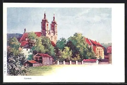 Künstler-AK Garsten, Teilansicht mit Kirche