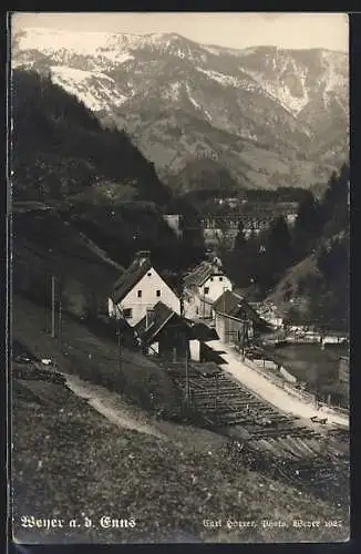 AK Weyer a. d. Enns, Ortsansicht am Fluss gegen die Berge