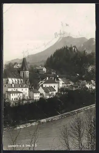 AK Losenstein an der Enns, Ortsansicht mit Kirche und Bergpanorama