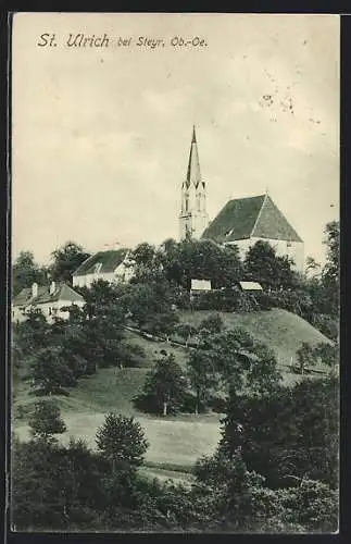 AK St. Ulrich, Ortspartie mit Kirche