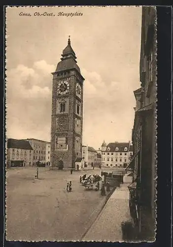 AK Enns /Ob.-Oest., Hauptplatz mit dem Uhrturm