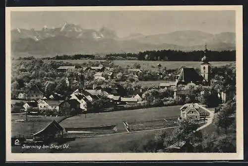 AK Sierning bei Steyr, Ortsansicht mit Kirche gegen die Alpen