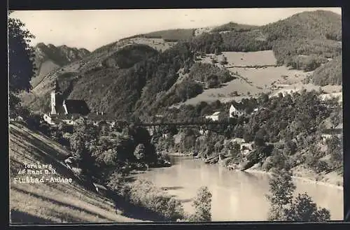 AK Ternberg a. d. Enns, Flussbad-Anlage, Kirche im Hintergrund