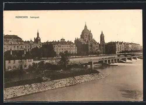 AK München, Der Isarquai aus der Vogelschau