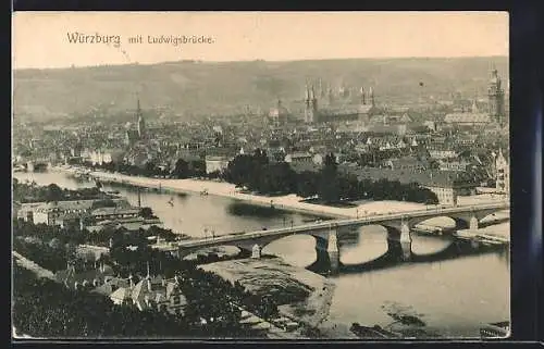 AK Würzburg, Gesamtansicht mit der Ludwigsbrücke