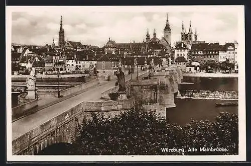 AK Würzburg, Blick entlang der alten Mainbrücke