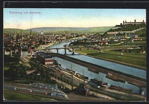 AK Würzburg, Blick vom Steinberg mit Eisenbahn, Boote