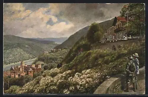 Künstler-AK Heinrich Hoffmann: Heidelberg, Molkenkur mit Blick auf Schloss & Neckar