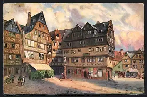 Künstler-AK Alt-Frankfurt, Strassenpartie mit Gasthaus zum Roseneck und Denkmal