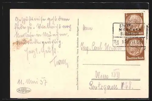 AK Stuttgart, Gasthaus zum Augustiner und kleiner Brunnen in der Altstadt