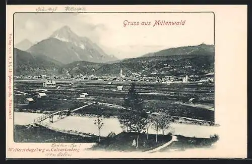 AK Mittenwald, Ortsansicht mit Wettersteingebirge und Calvarienberg
