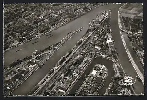 AK Mannheim, Zusammenfluss von Rhein und Neckar mit Hafenanlagen, Fliegeraufnahme