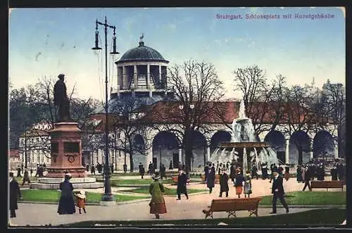 AK Stuttgart, Belebte Szene auf dem Schlossplatz mit dem Kunstgebäude