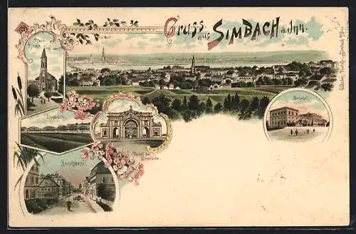 Lithographie Simbach / Inn, Bahnhof, Pfarrkirche, Innbrücke mit Portal, Hauptstrasse