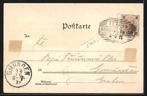 Lithographie Simbach / Inn, Bahnhof, Pfarrkirche, Innbrücke mit Portal, Hauptstrasse