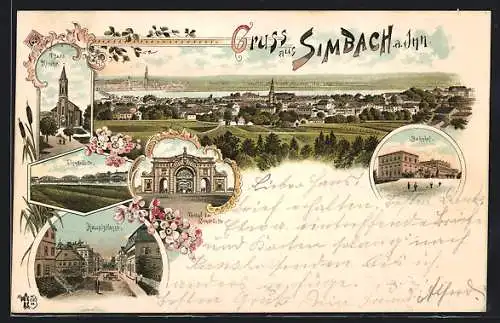 Lithographie Simbach a. Inn, Portal der Innbrücke, Bahnhof mit Passagieren, Hauptstrasse