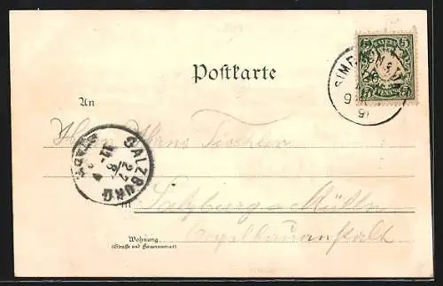 Lithographie Simbach a. Inn, Portal der Innbrücke, Bahnhof mit Passagieren, Hauptstrasse