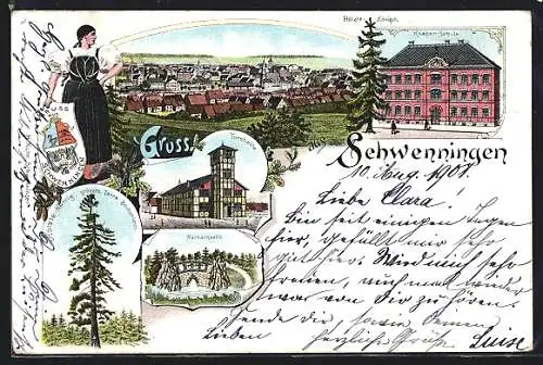Lithographie Schwenningen / Villingen, Knaben-Schule, Turnhalle, Hölzle-König, Frau in Tracht, Wappen