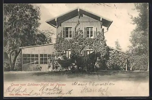 AK Passau, Gasthof Schönen-Platzl mit Kutsche